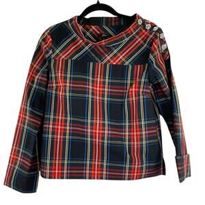 J. Crew Steward Tartan Holiday Plaid Blouse Jeweled Shoulder Women's Sz 2 FLAWED